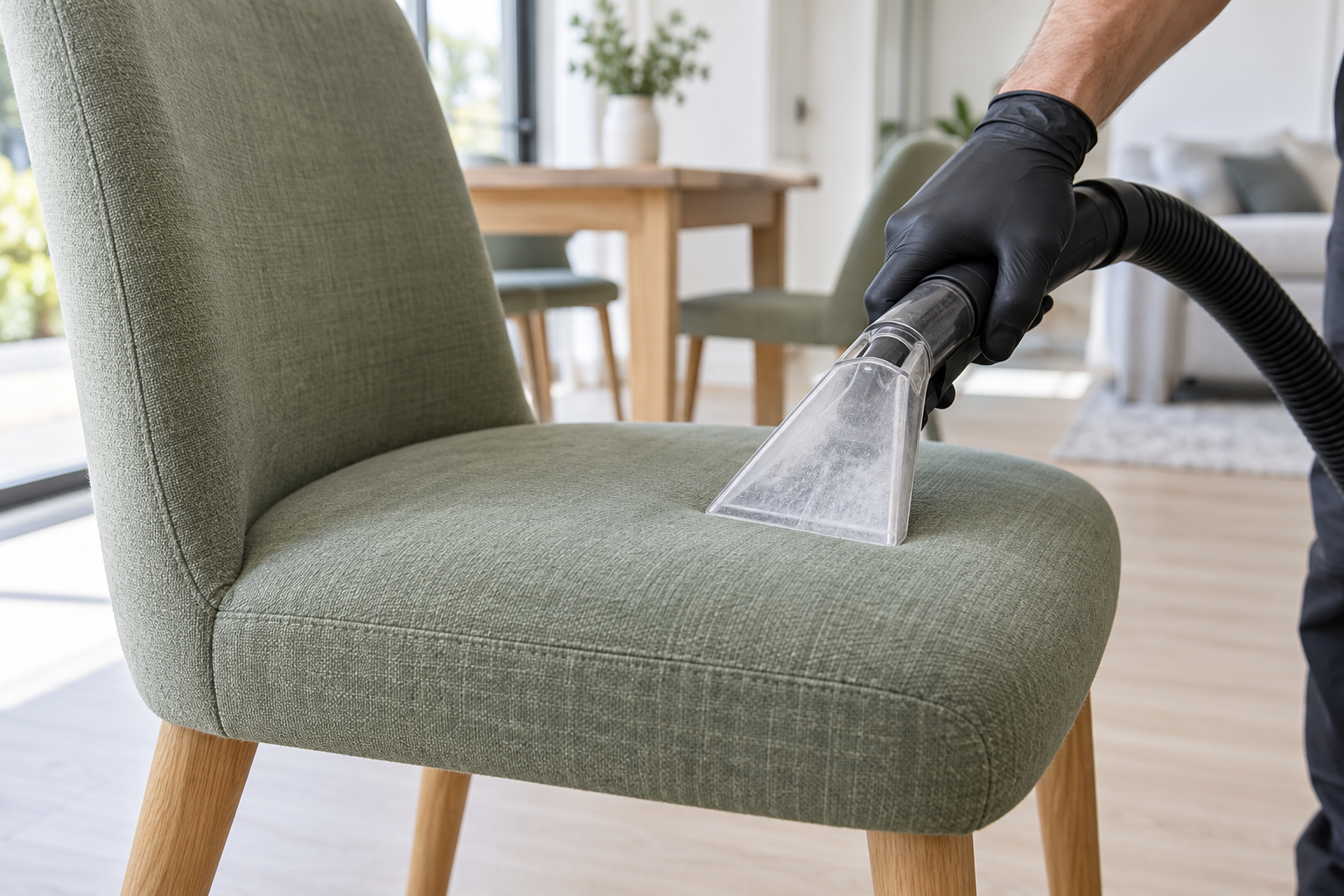 Imagen ilustrativa de limpieza del asiento de una silla tapizada con boquilla de extracción